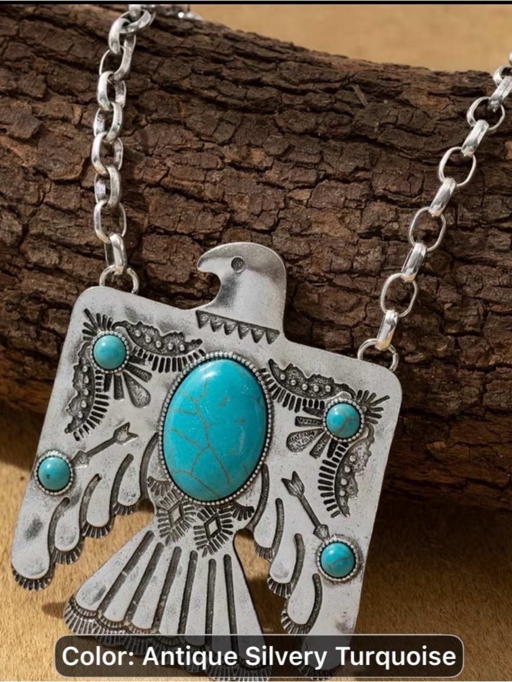 Turquoise Stone Silver Thunderbird Pendant Necklace - Turquoise
